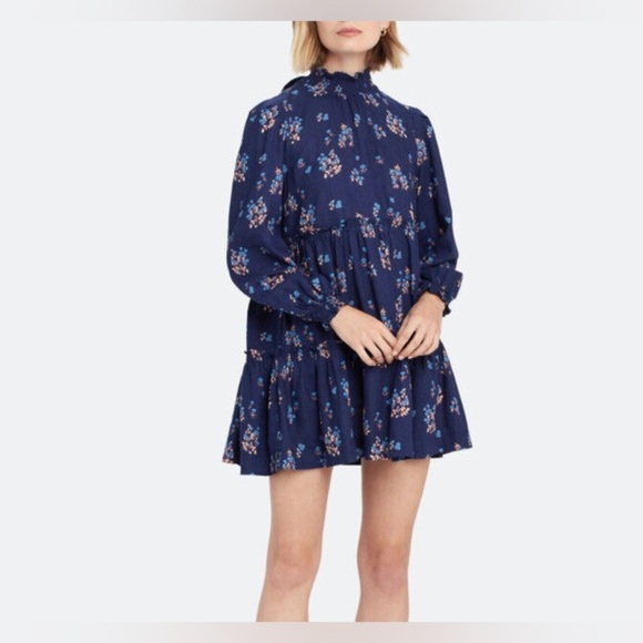 Free People Petit Fours Mini Dress Blue Floral Tiered Cutout Back Medium - Picture 7 of 7
